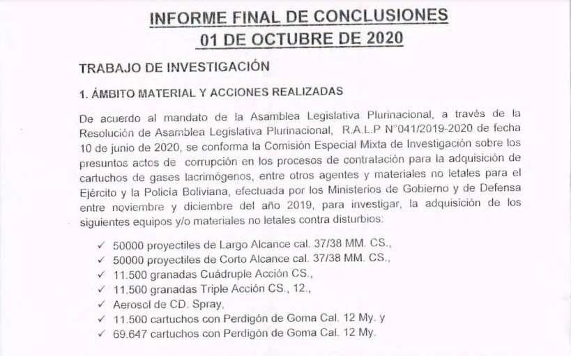 El Estado boliviano desembolsó 5,6 millones de dólares para la compra de gas lacrimógeno | Foto: Informe Comisión Legislativa